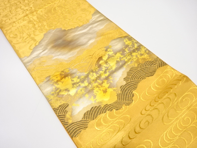 遠山に荒波・観世水模様織り出し　袋帯